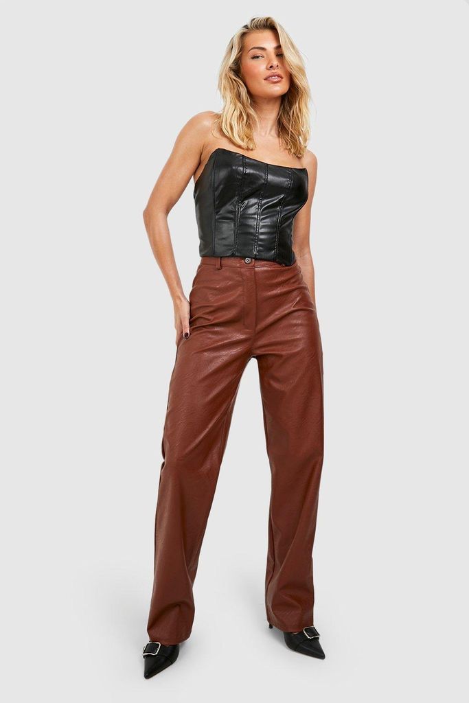 Womens Wide Leg Leather Look Trousers - Brown - 6, Brown