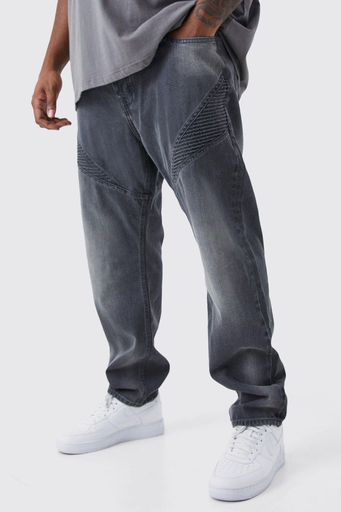 Men's Plus Slim Rigid Biker Panelled Jeans - Grey - 38, Grey