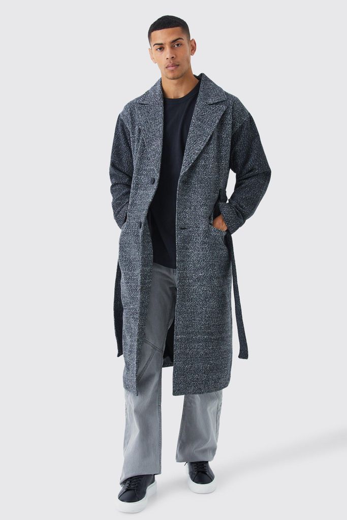 Men's Salt & Pepper Contrast Sleeve Belted Overcoat - Grey - S, Grey