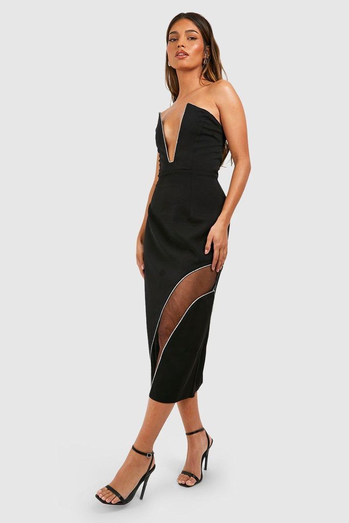 Womens Glitter Trim Detail Panelled Plunge Midi Dress - Black - 8, Black