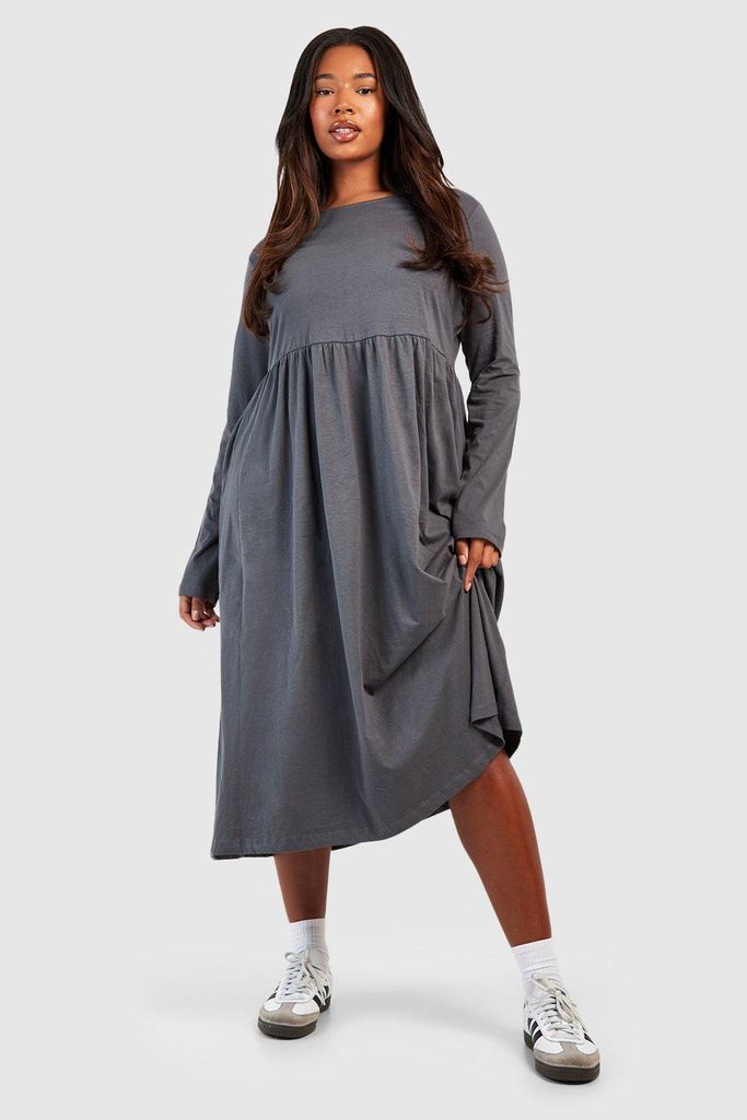 Womens Plus Cotton Long Sleeve Smock Midi Dress - Metallics - 22, Metallics