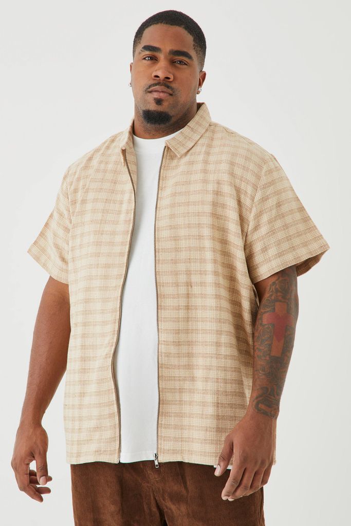Men's Plus Short Sleeve Woven Check Zip Overshirt - Beige - Xxxl, Beige