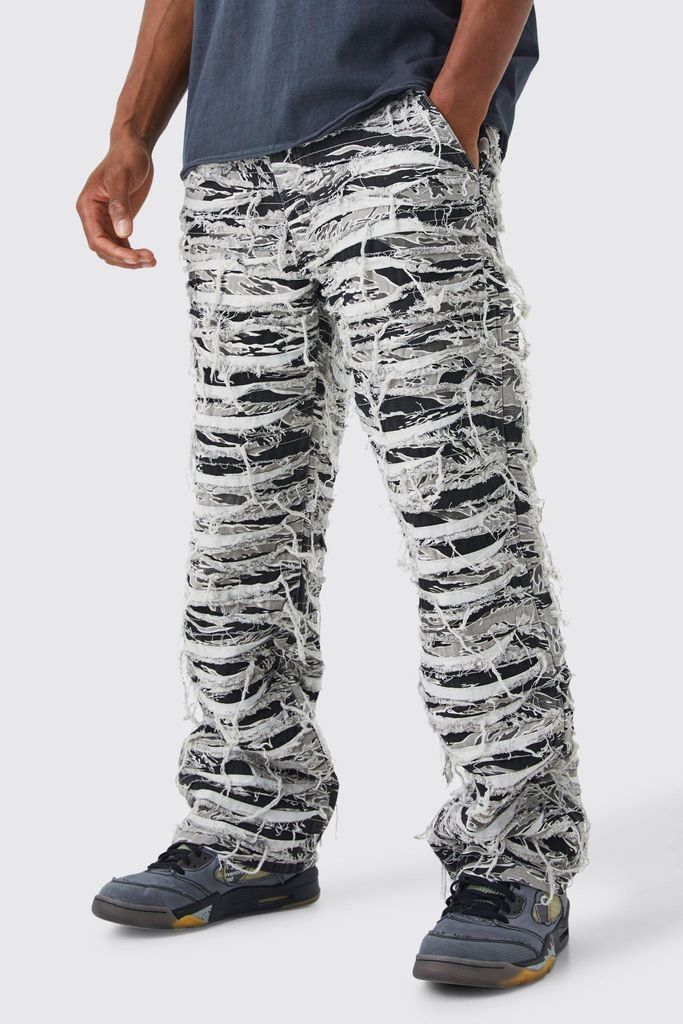 Men's Relaxed Heavily Distressed Camo Trouser - Grey - 28, Grey