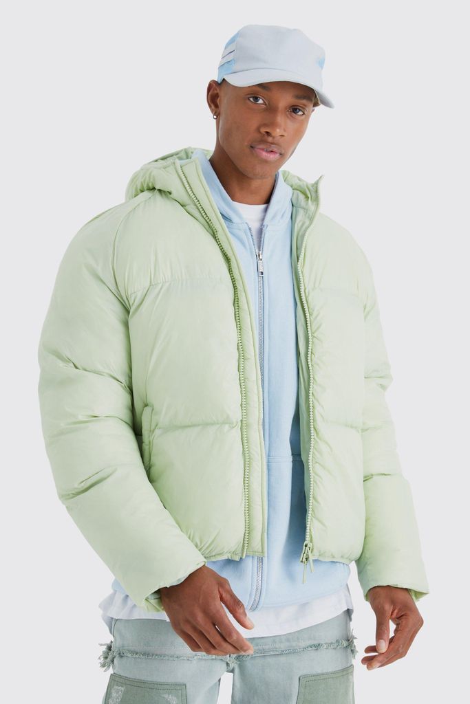 Men's Sheen Quilted Nylon Puffer With Hood - Green - S, Green