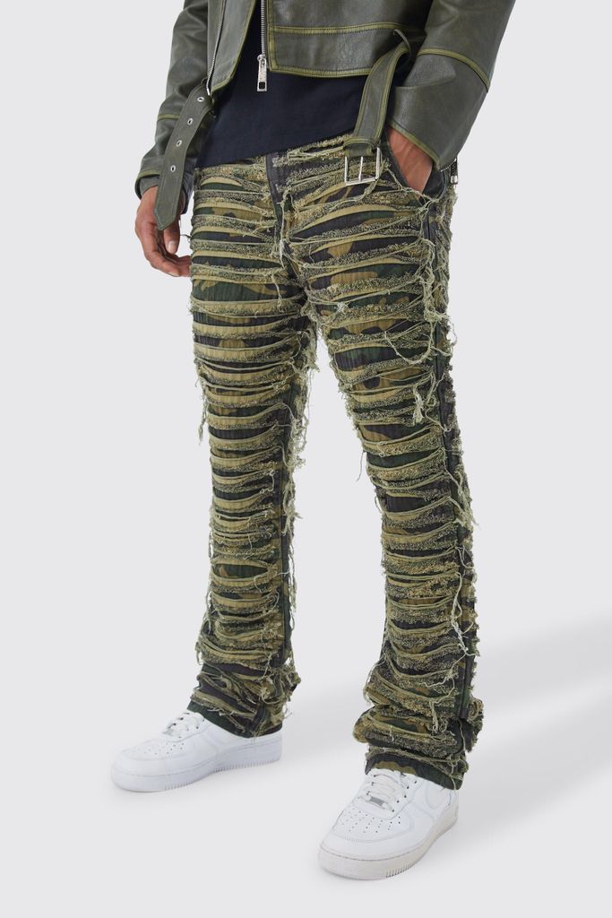 Men's Slim Stacked Flare Heavily Distressed Camo Trouser - Green - 28, Green