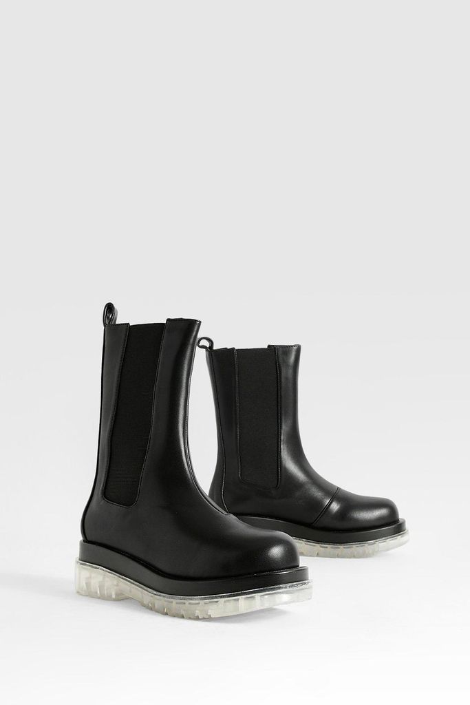Womens Contrast Sole Calf High Chelsea Boots - Black - 3, Black