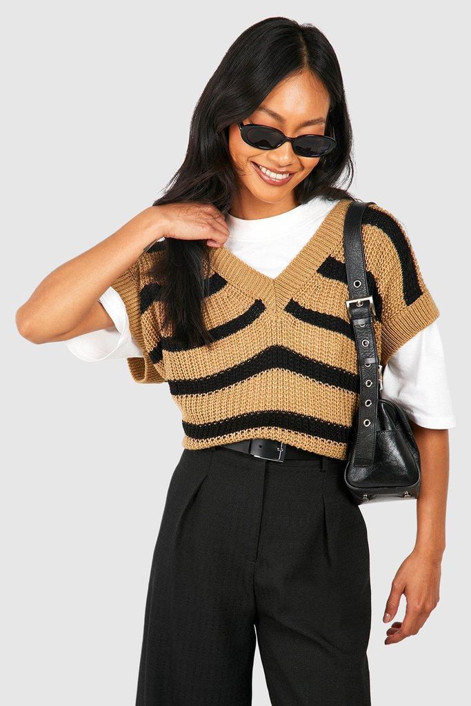 Womens Oversized Stripe Knitted Vest - Beige - One Size, Beige