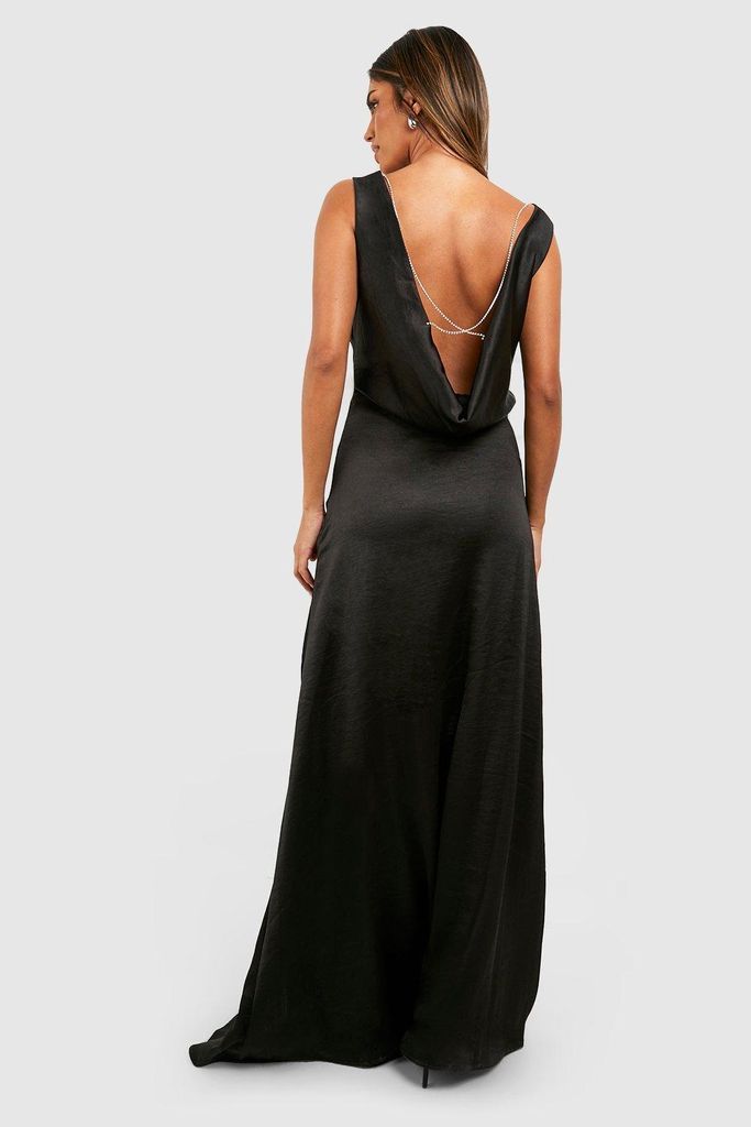 Womens Satin Panelled Diamate Trim Maxi Dress - Black - 8, Black