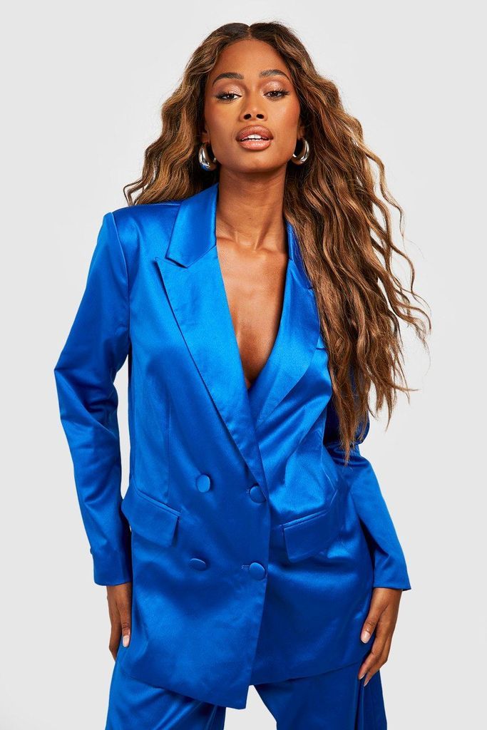 Womens Textured Satin Double Breasted Tailored Blazer - Blue - 6, Blue