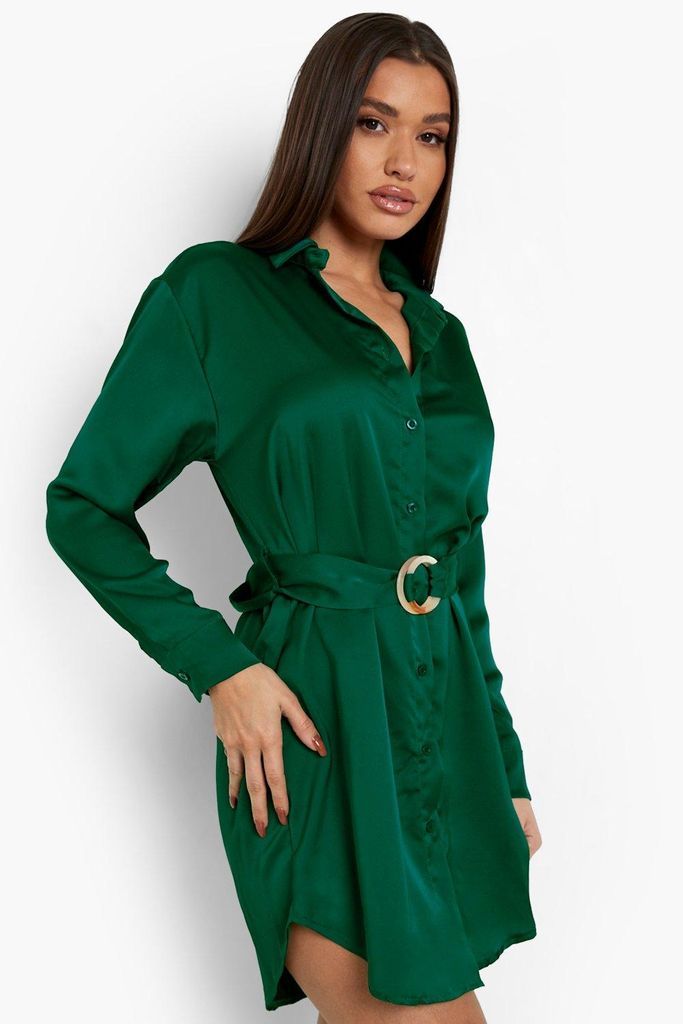 Womens Satin Belted Shirt Dress - Green - 8, Green