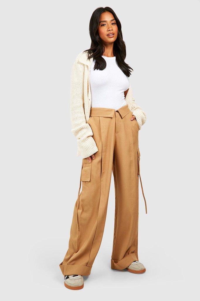 Womens Petite Folded Waistband Relaxed Fit Cargo Trousers - Beige - 6, Beige