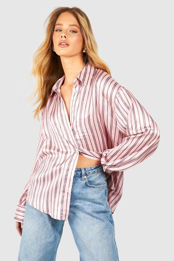 Womens Satin Thin Double Stripe Shirt - Pink - 6, Pink