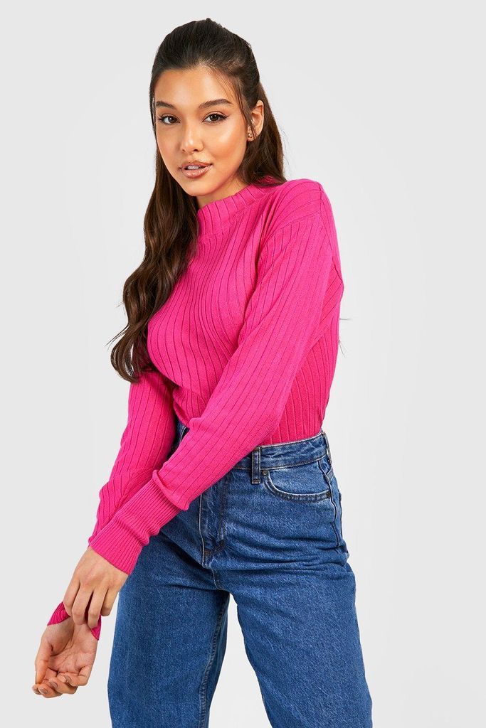 Womens Ribbed Funnel Neck Knitted Jumper - Pink - S, Pink