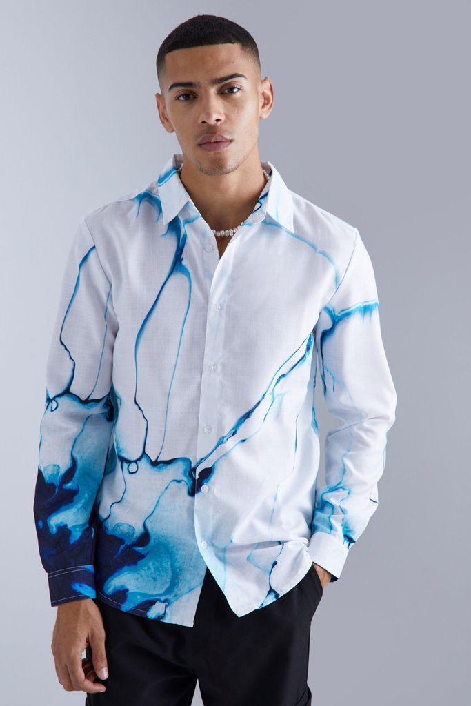 Men's Long Sleeve Abstract Printed Poplin Shirt - Cream - S, Cream