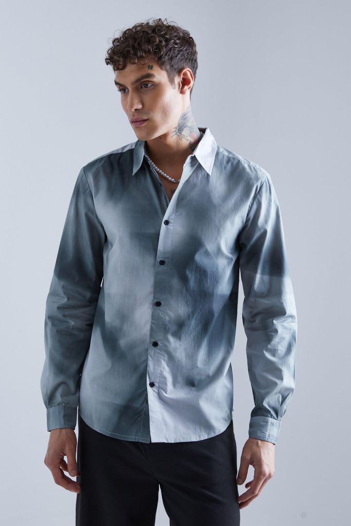 Men's Long Sleeve Marble Printed Poplin Shirt - Grey - S, Grey