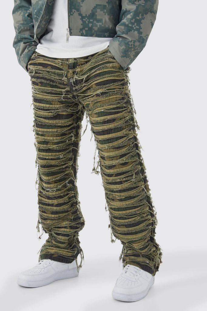 Men's Relaxed Heavily Distressed Camo Trouser - Green - 28, Green