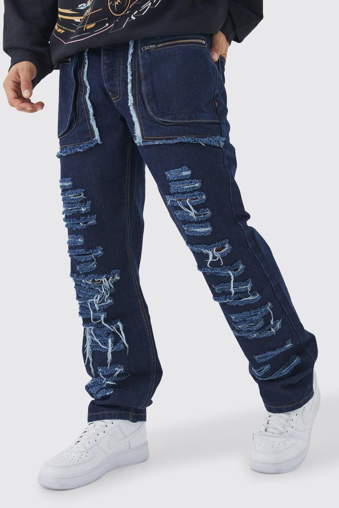 Men's Relaxed Rigid Distressed Ripped Cargo Pocket Jean - Blue - 28R, Blue