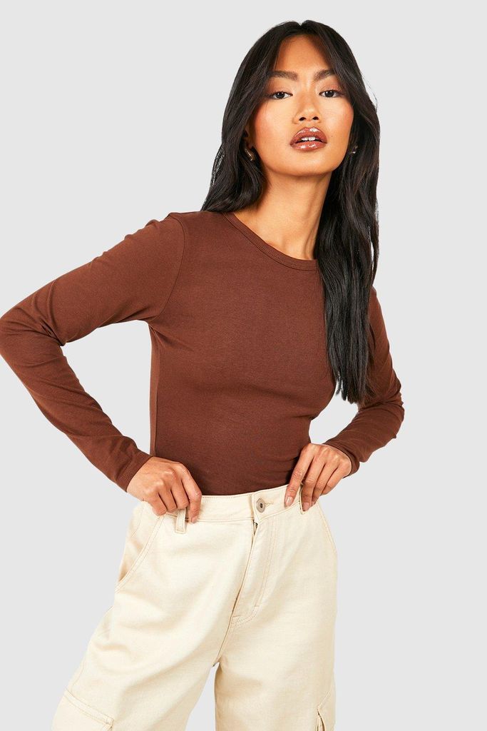 Womens Basic Cotton Long Sleeve Crew Neck Top - Brown - 6, Brown