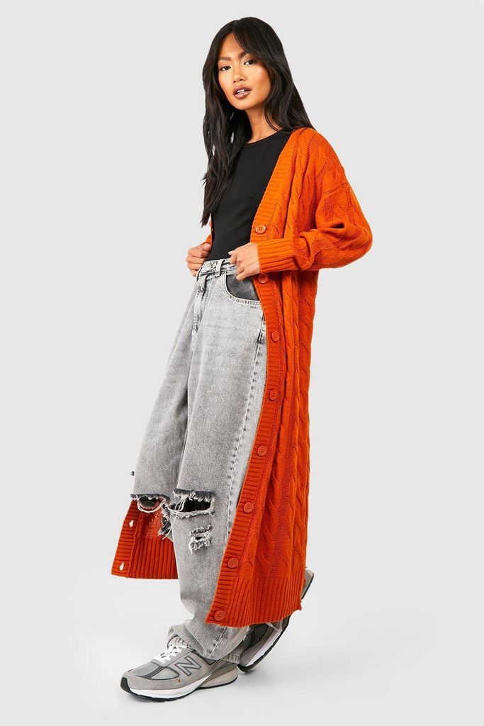 Womens Cable Knit Maxi Caridgan - Orange - S, Orange