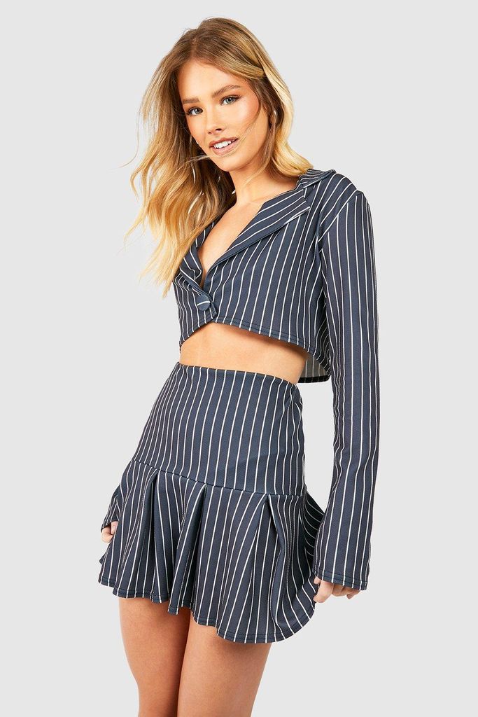 Womens Crepe Pinstripe Boxy Blazer & Pleated Mini Skirt - Grey - 6, Grey