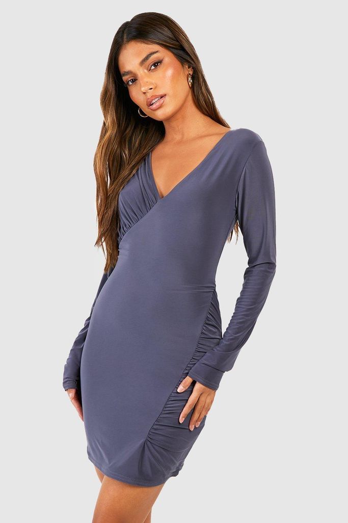 Womens Double Slinky Ruched Mini Dress - Grey - 8, Grey