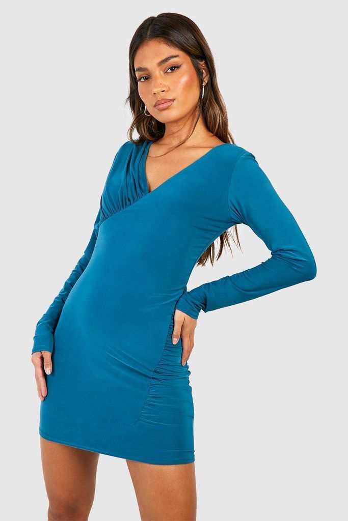 Womens Double Slinky Ruched Mini Dress - Blue - 8, Blue