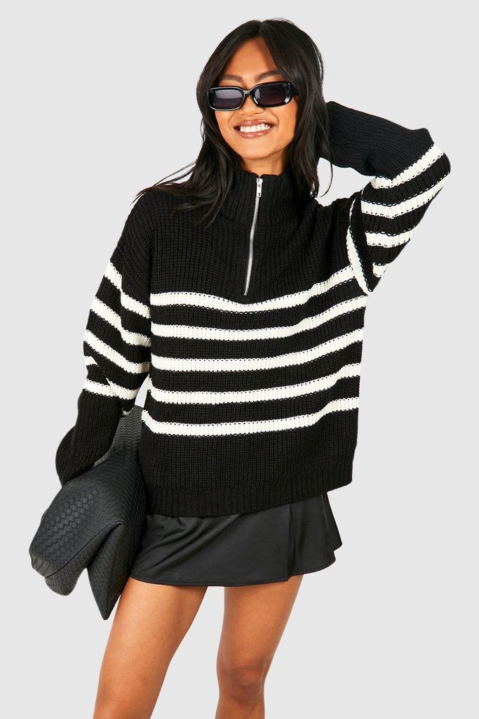 Womens Half Zip Stripe Jumper - Black - S, Black