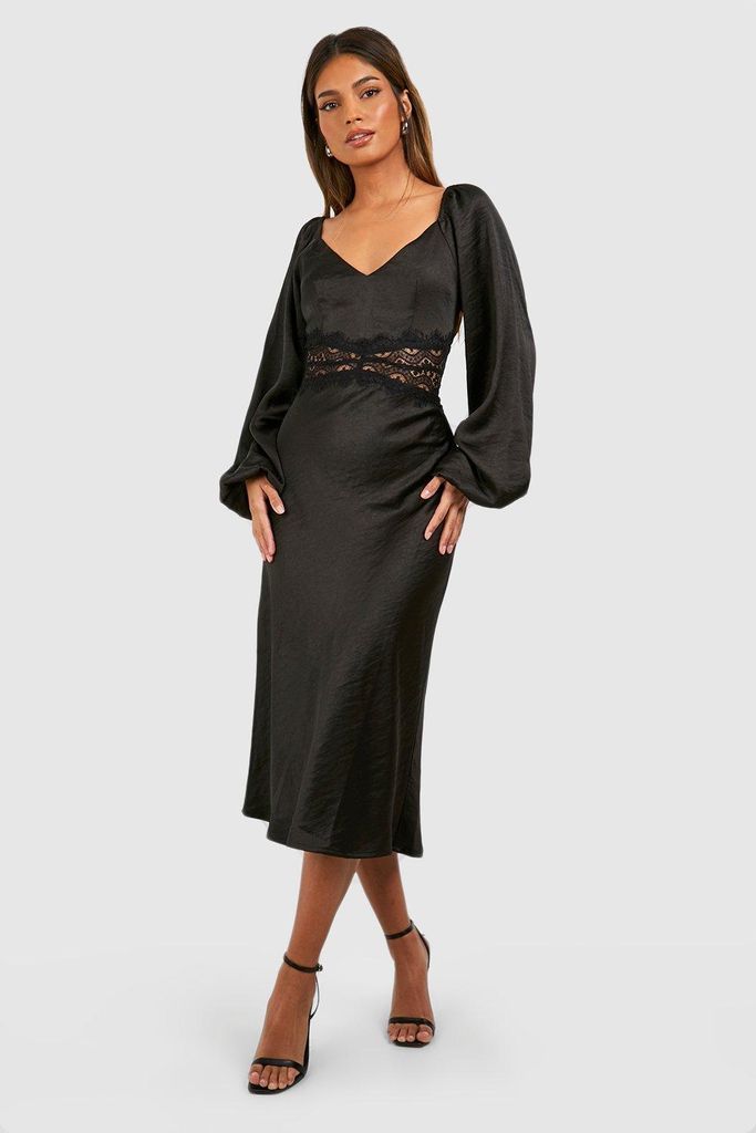 Womens Lace Trim Satin Blouson Sleeve Midi Dress - Black - 8, Black