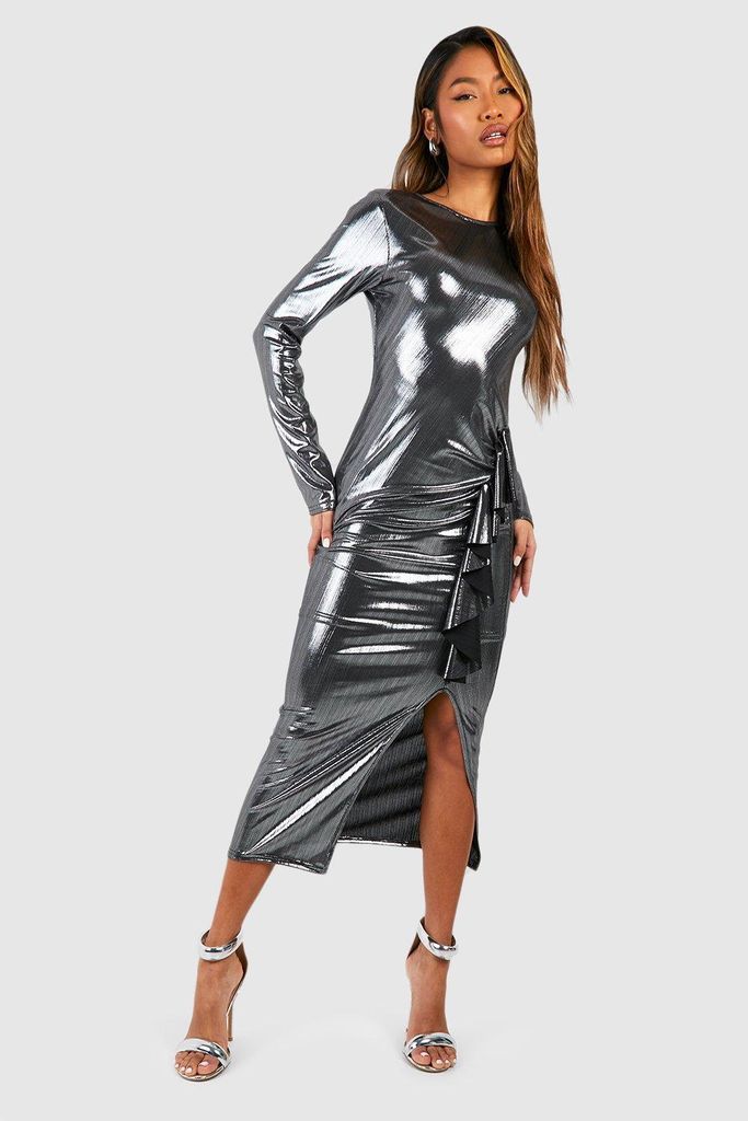 Womens Metallic Long Sleeve Frill Ruched Midaxi Dress - Grey - 8, Grey