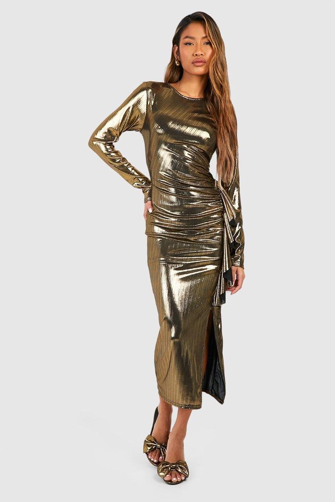 Womens Metallic Long Sleeve Frill Ruched Midaxi Dress - Gold - 8, Gold