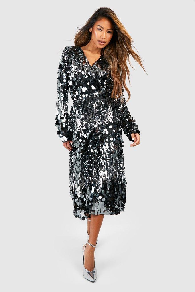 Womens Ombre Sequin Wrap Midi Dress - Grey - 8, Grey