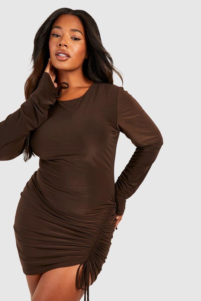 Womens Plus Double Slinky Ruched Sleeve Detail Bodycon Dress - Brown - 16, Brown