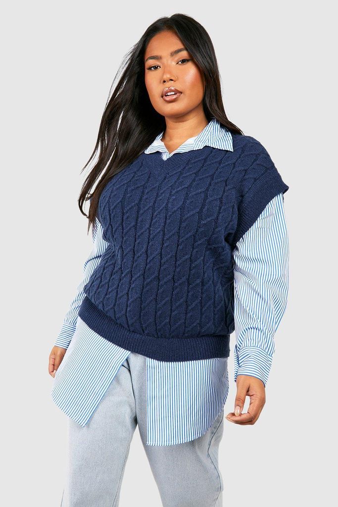 Womens Plus Knitted Vest Stripe Shirt Jumper - Navy - 24, Navy