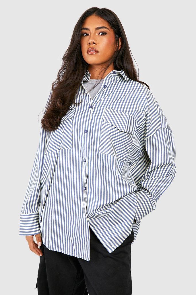 Womens Plus Utility Oversized Stripe Shirt - Navy - 16, Navy