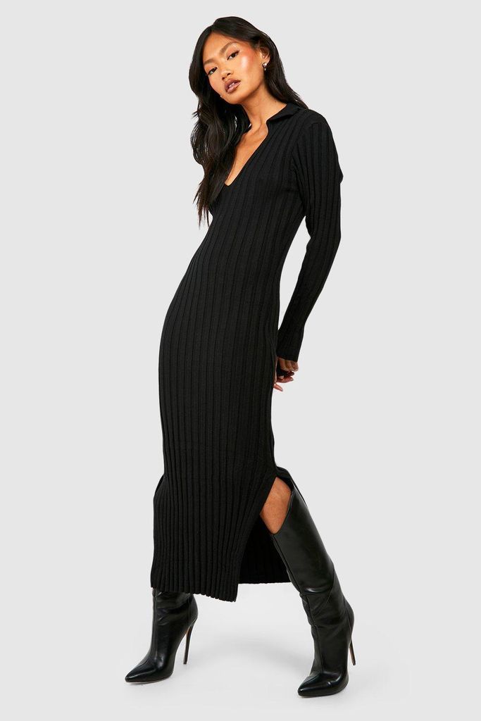 Womens Rib Knit Collar Detail Midaxi Dress - Black - S, Black