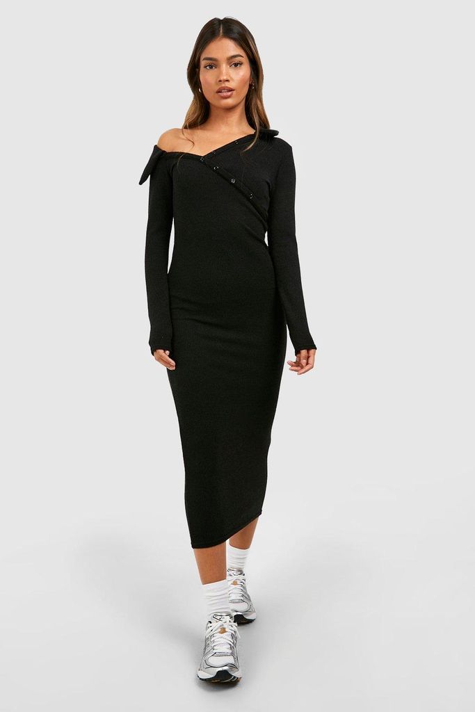 Womens Soft Rib Asymetric Collar Midaxi Dress - Black - 8, Black