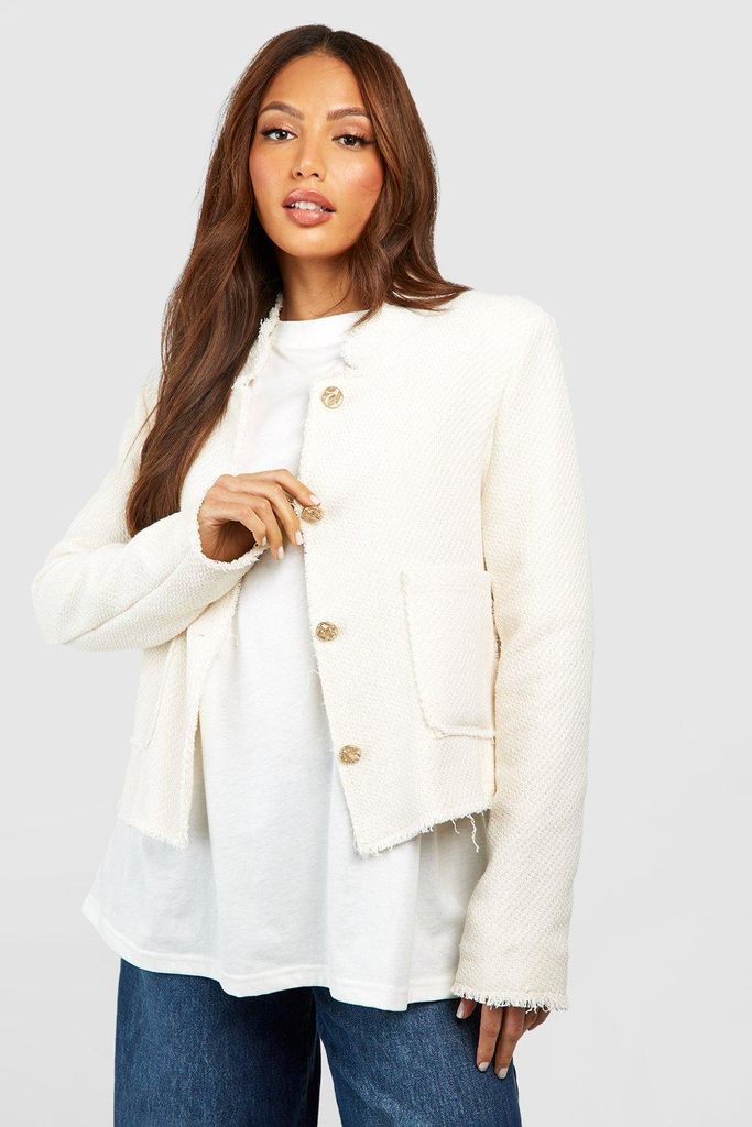 Womens Tall Boucle Shoulder Pad Frayed Detail Jacket - White - 8, White