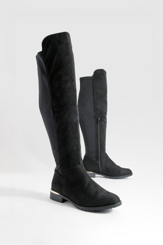 Womens Wide Fit Metal Detail Knee High Boots - Black - 4, Black