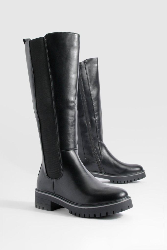 Womens Chunky Knee High Elastic Panel Boots - Black - 3, Black