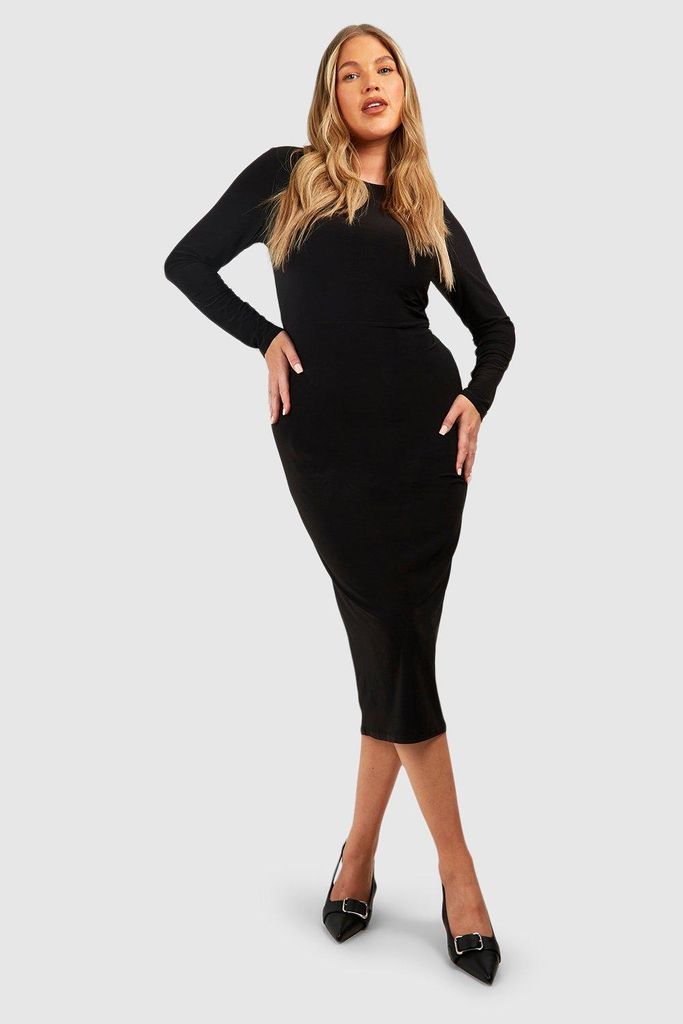 Womens Plus Slinky Long Sleeve Midi Dress - Black - 16, Black