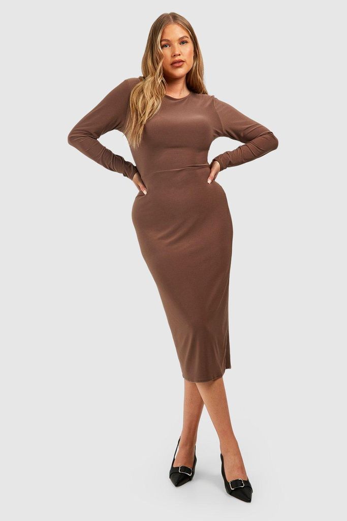 Womens Plus Slinky Long Sleeve Midi Dress - Brown - 16, Brown