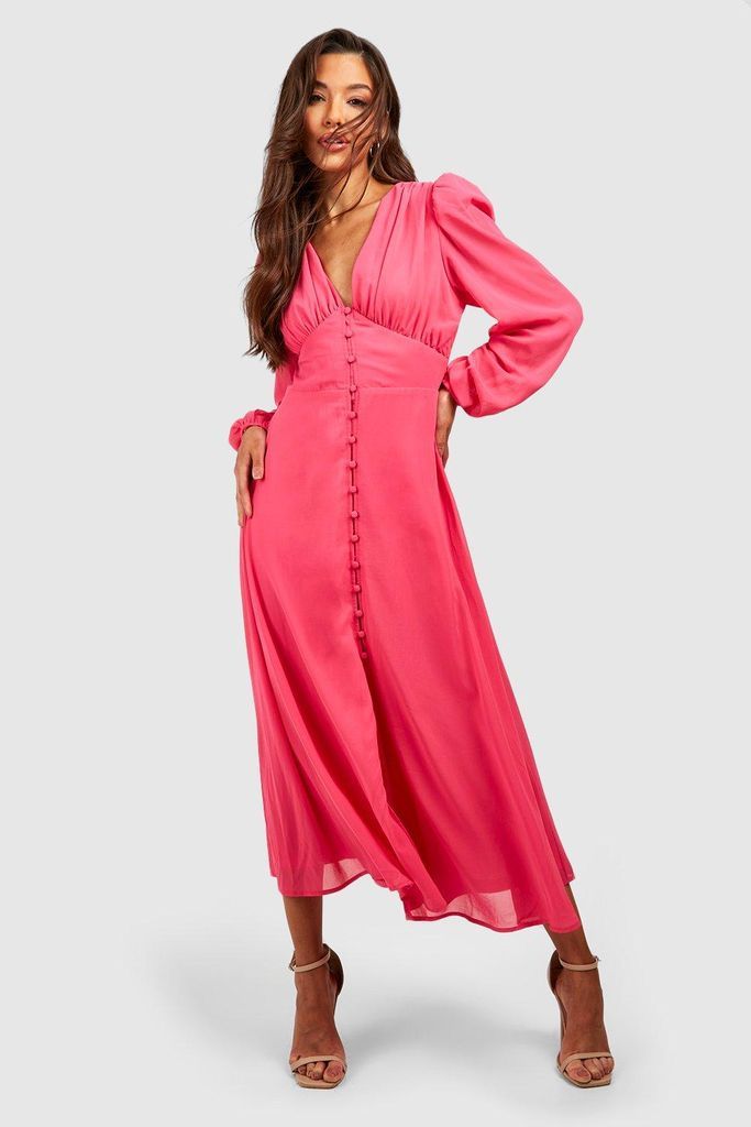 Womens Puff Sleeve Button Through Midi Dress - Pink - 8, Pink