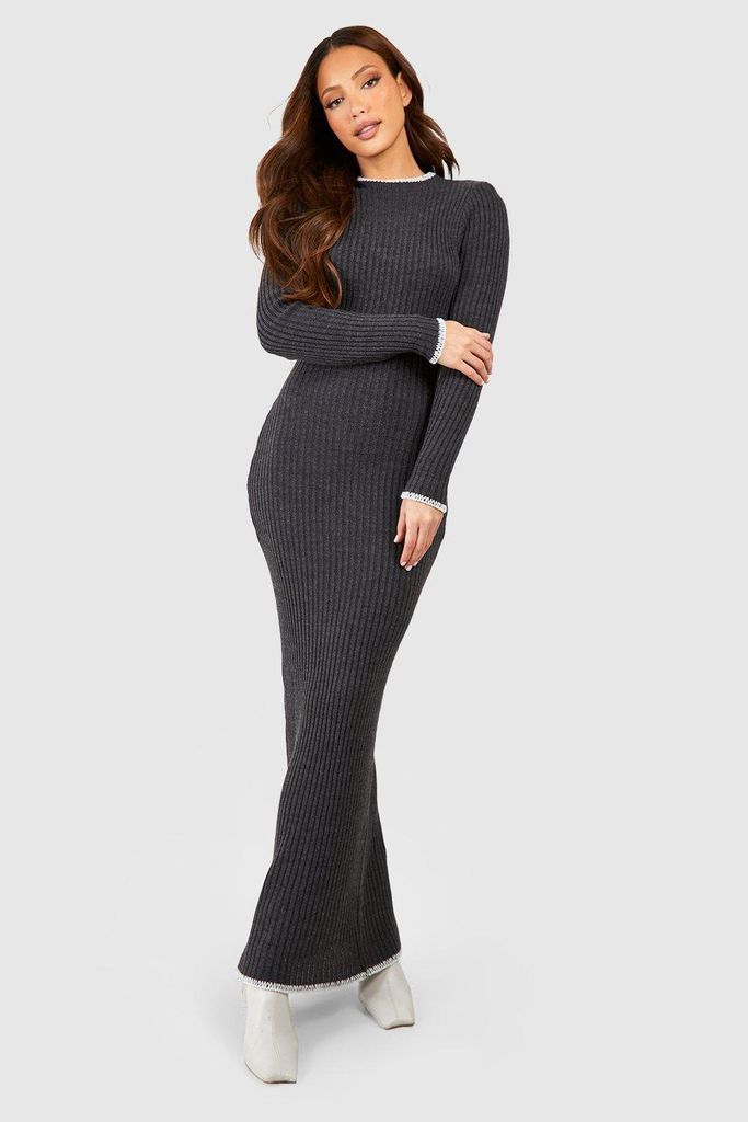 Womens Tall Contrast Whipstich Rib Knit Maxi Dress - Grey - S, Grey