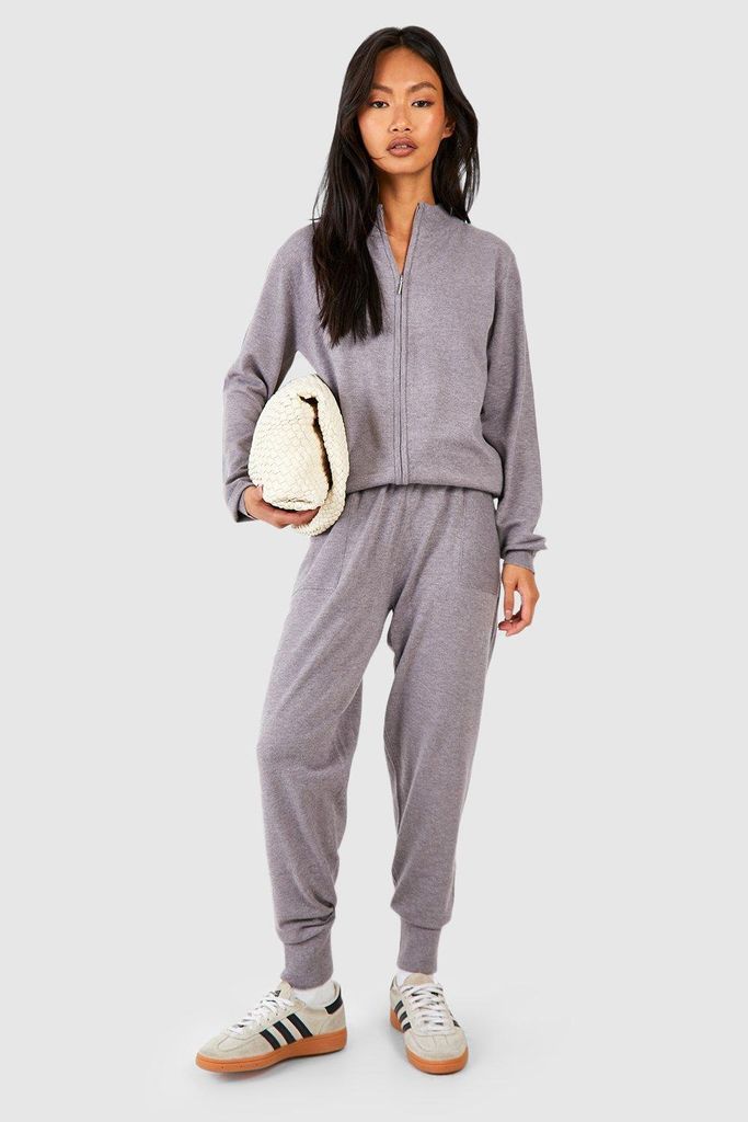 Womens Zip Neck Knitted Jumper And Trouser Set - Grey - S, Grey