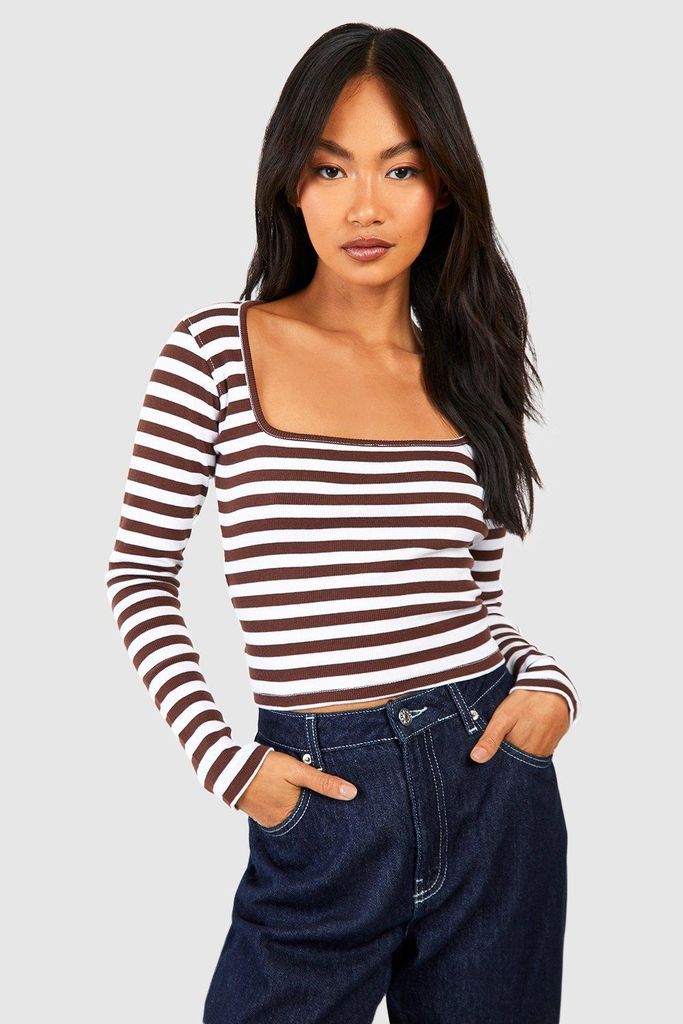 Womens Basic Rib Square Neck Long Sleeve Striped Top - Brown - 6, Brown