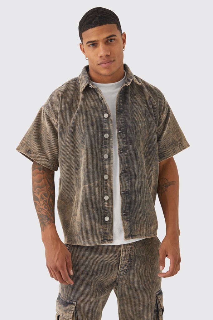 Men's Boxy Short Sleeve Acid Wash Cord Shirt - Grey - S, Grey
