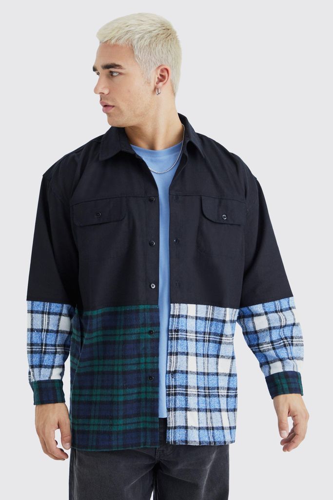 Men's Oversized Twill Spliced Check Shirt - Multi - S, Multi