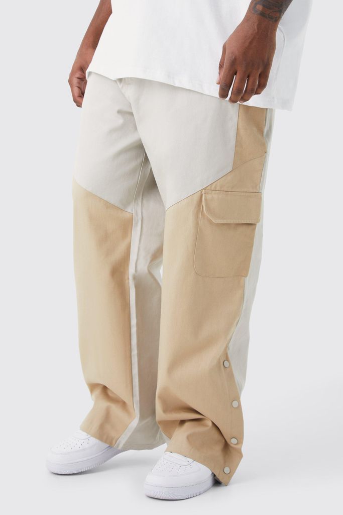 Men's Plus Slim Fit Colour Block Cargo Trouser With Woven Tab - Beige - 38, Beige