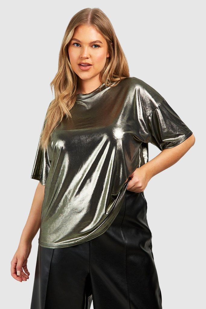 Womens Plus Metallic Oversized T-Shirt - Gold - 16, Gold