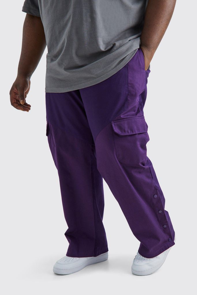 Men's Plus Slim Fit Colour Block Cargo Trouser With Woven Tab - Purple - 38, Purple